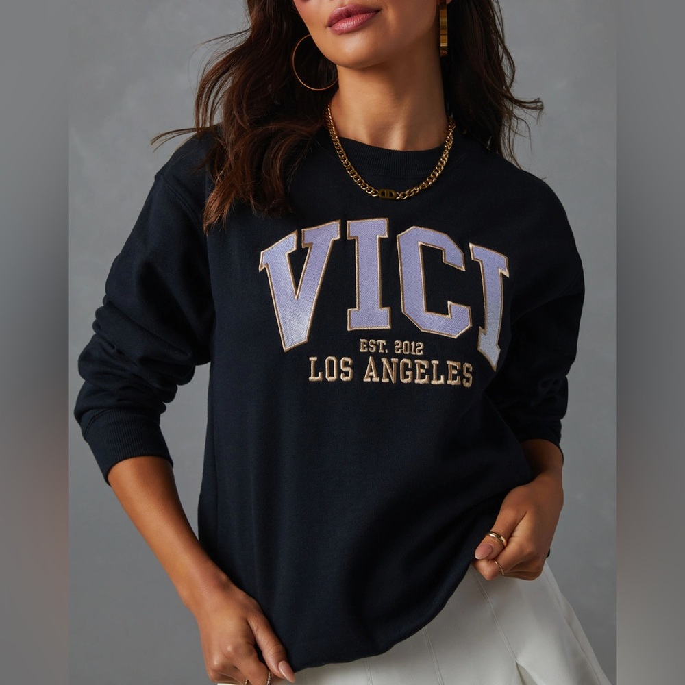VICI Black Gold White Embroidered Crewneck Sweatshirt for Women